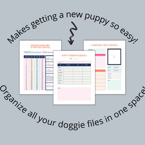 May include: Three printable pages for organizing puppy care. The first page is a feeding guide with a chart for dry food portion control. The second page is a puppy feeding schedule with columns for breakfast, lunch, and dinner. The third page is for homemade treat recipes with sections for recipe name, serving size, cooking time, and ingredients.
