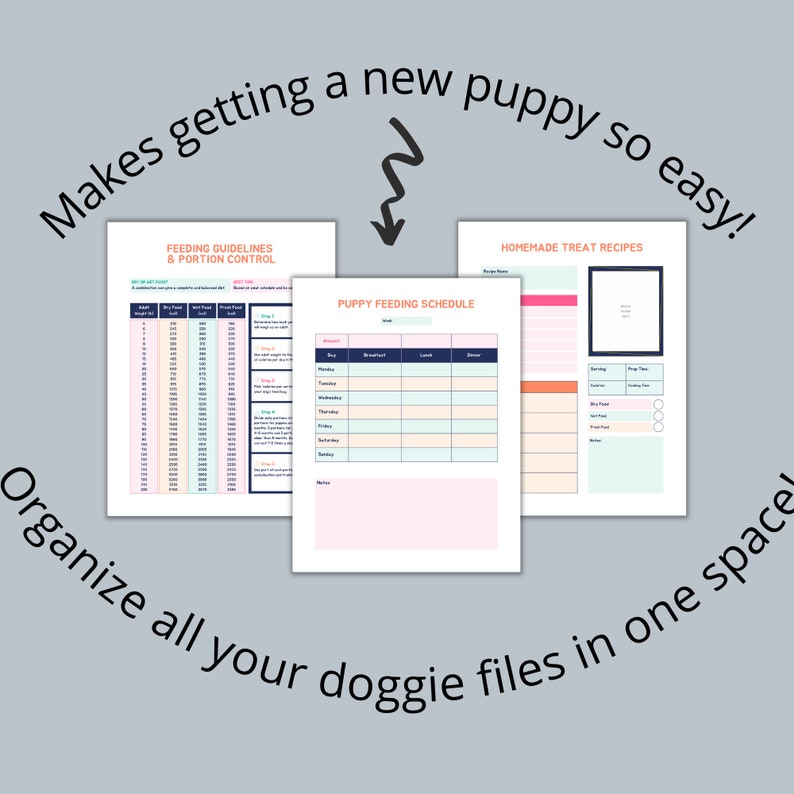 May include: Three printable pages for organizing puppy care. The first page is a feeding guide with a chart for dry food portion control. The second page is a puppy feeding schedule with columns for breakfast, lunch, and dinner. The third page is for homemade treat recipes with sections for recipe name, serving size, cooking time, and ingredients.