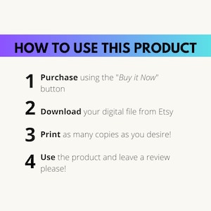 May include: A four-step guide on how to use a digital product purchased on Etsy. The steps are numbered 1 through 4 and include instructions to purchase using the "Buy it Now" button, download the digital file, print as many copies as desired, and use the product and leave a review.