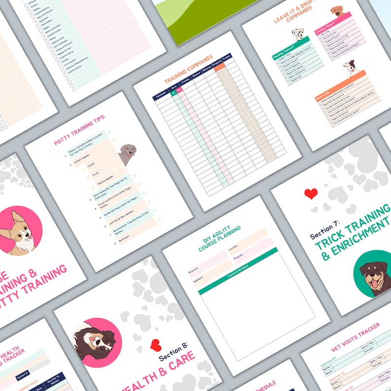 May include: A printable dog training planner with sections for potty training, training commands, trick training, enrichment, health and care, and vet visits. The planner features illustrations of dogs and hearts.