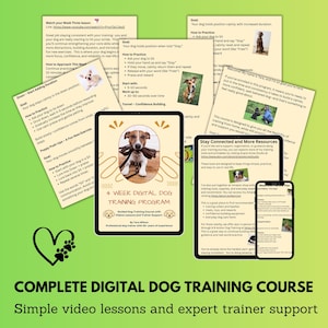 May include: A digital dog training course advertisement. The image shows a tablet and smartphone displaying training guides, with text that reads "4 Week Digital Dog Training Program." The course includes video lessons and expert trainer support.