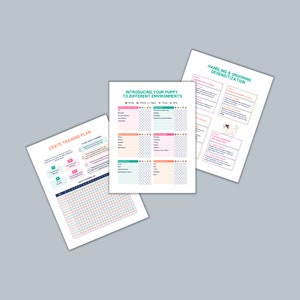May include: Three printable puppy training charts with colorful borders and text. The charts are titled "Introducing Your Puppy to Different Environments", "Handling & Grooming Desensitization", and "Crate Training Plan".