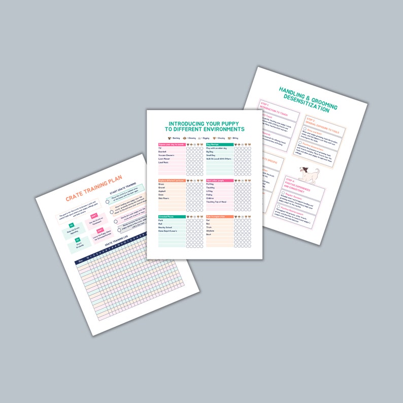 May include: Three printable puppy training charts with colorful borders and text. The charts are titled "Introducing Your Puppy to Different Environments", "Handling & Grooming Desensitization", and "Crate Training Plan".