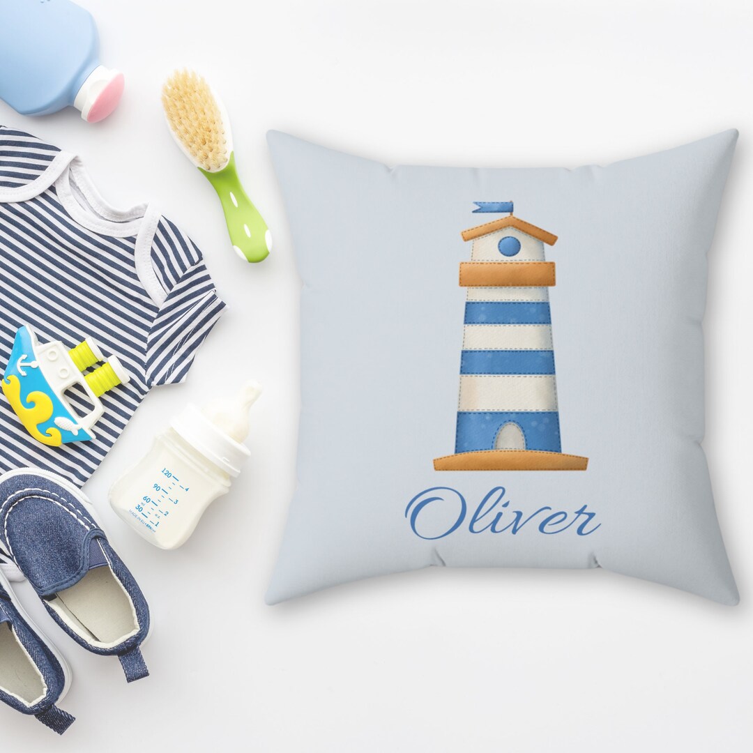 Personalized Lighthouse Baby Pillow, Nautical Nursery Decor