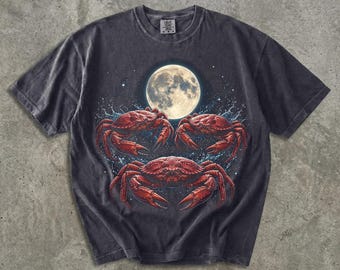Crab Moon Graphic T-Shirt, Vintage Washed Graphite Crustacean Tee, Cottagecore Beach Coastal Shirt, Zodiac Cancer Crab Gift, Unisex Tee