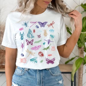 Vintage Insects Tee Shirt, Bug Beetle Butterfly Graphic Tee, Colorful Line Art Unisex Top, Nature Lover Gift, Entomology Shirt, Retro Bug
