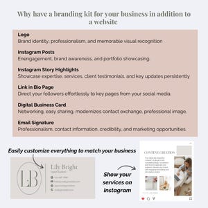 May include: An informational graphic titled Why have a branding kit for your business in addition to a website. It lists benefits for logos, Instagram posts, story highlights, link in bio pages, digital business cards, and email signatures.