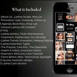 May include: A black and white image of a smartphone screen displaying a variety of social media posts related to eyelash extensions. The posts include images of models with eyelash extensions, text about lash care, and pricing information. The text on the screen includes "Lashes Care", "Coffee Lashes Coffee Repeat", "We Are Open", "New Booking", "Price List", "Lash Care Tutorial", "Lash Extension Aftercare", and "What is Included".