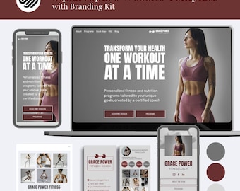 May include: Squarespace website template with branding kit. The image shows a laptop, two smartphones, and business cards. The laptop and smartphones display a fitness website with the text "Transform Your Health One Workout At A Time."