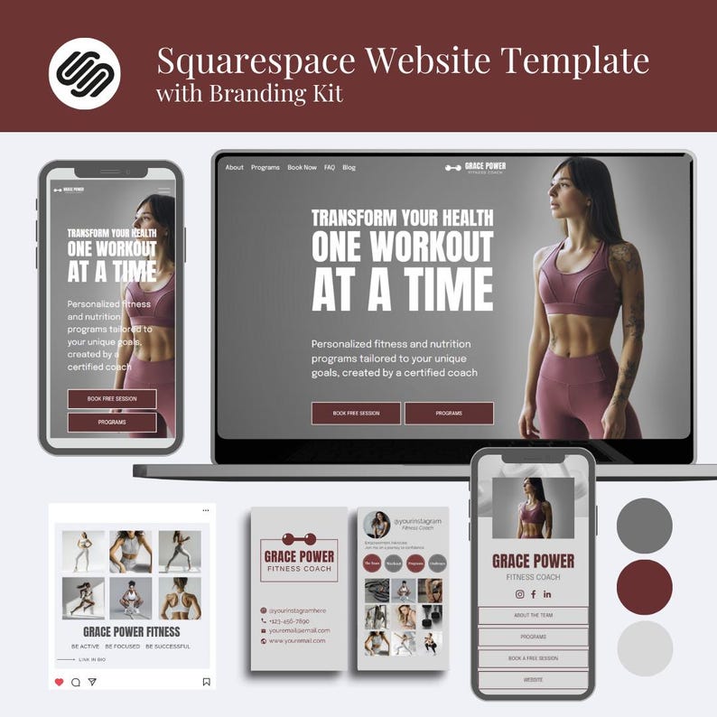 May include: A Squarespace website template and branding kit featuring a laptop and two smartphones displaying a fitness coach website. The design includes the text "Transform your health one workout at a time" and "Grace Power Fitness Coach."