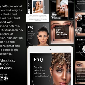 May include: A collage of images promoting lash extension services. The images feature models with different lash styles and text that highlights the benefits of choosing this studio. The text includes "FAQ", "About Us", "Why Choose Our Studio", "The Process", "Benefits of Lash Serum", and "Our Services".
