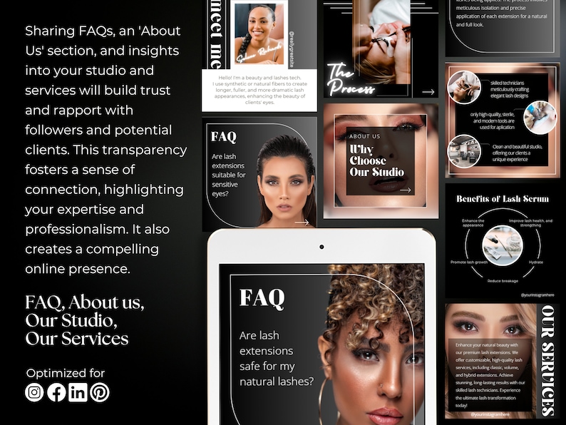 May include: A collage of images promoting lash extension services. The images feature models with different lash styles and text that highlights the benefits of choosing this studio. The text includes "FAQ", "About Us", "Why Choose Our Studio", "The Process", "Benefits of Lash Serum", and "Our Services".