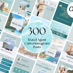 May include: A collage of 300 travel-themed Instagram post templates for travel agents. The templates feature images of popular travel destinations, such as Thailand, Japan, Hawaii, and San Francisco. The templates also include text overlays with travel tips, travel basics, and travel quotes.
