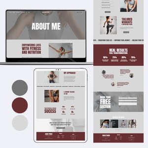 May include: A website design layout displayed on a laptop and tablet screen, featuring a fitness and nutrition theme with a color palette of dark red, light gray, and white. The layout includes sections titled About Me, Real Results, and My Approach.