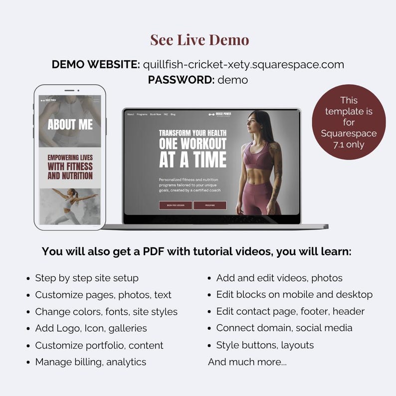 May include: A digital website template for Squarespace 7.1 displayed on a laptop and mobile phone screen. The design features fitness-themed imagery, text headers, and a list of included tutorial features for site setup, customization, and management.