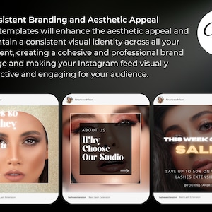 May include: Three Instagram post templates for a lash extension business. The first post features a close-up of a woman's eye with long lashes and the text "Lashes so long they could write a novel with every blink". The second post features a close-up of a woman's eye with the text "Why Choose Our Studio". The third post features a woman's eye with the text "This Week Only Sale Save up to 50% on Volume Lashes Extensions @yourinstahere".