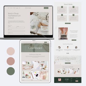 May include: A website design layout displayed on a laptop screen, a tablet screen, and a vertical mobile view. The interface features a neutral color palette with soft beige, muted pink, and sage green tones, showcasing business services and case studies.