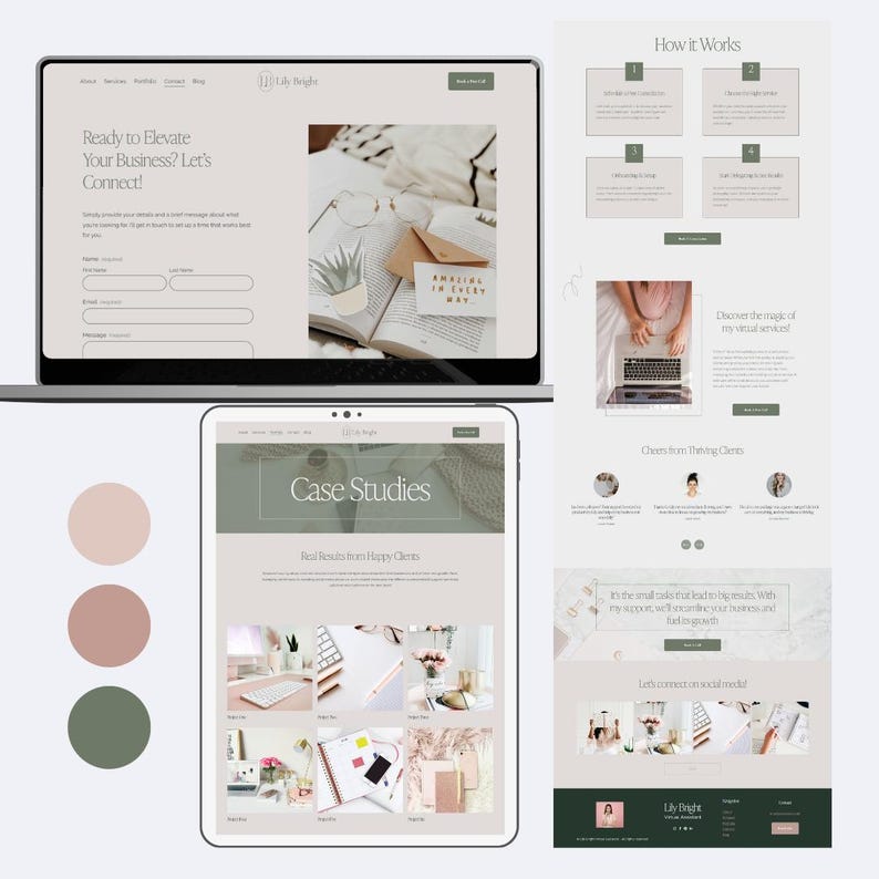 May include: A website design layout displayed on a laptop screen, a tablet screen, and a vertical mobile view. The interface features a neutral color palette with soft beige, muted pink, and sage green tones, showcasing business services and case studies.