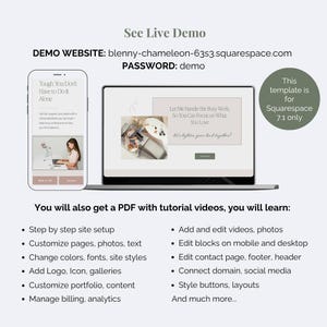 May include: A Squarespace 7.1 website template display featuring a mobile phone and laptop screen showing site layouts. Text includes See Live Demo, blenny-chameleon-63s3.squarespace.com, password demo, and a list of tutorial video features for site setup.