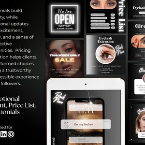 May include: A collage of nine images promoting eyelash extensions. The images feature a variety of designs, including a neon open sign, a sale announcement, a price list, a client testimonial, and a reminder to book an appointment. The text "Eyelash Extension" appears in several of the images.