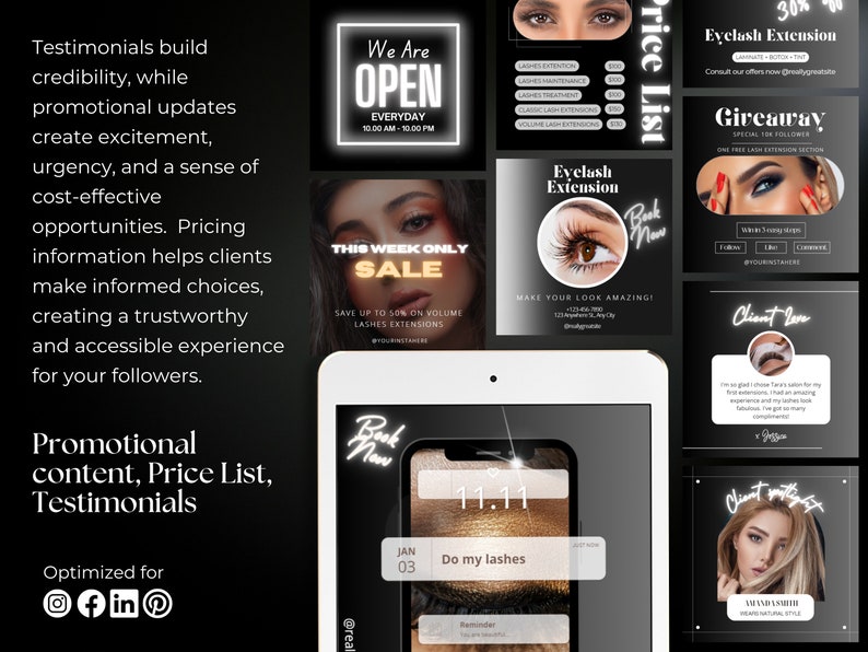 May include: A collage of nine images promoting eyelash extensions. The images feature a variety of designs, including a neon open sign, a sale announcement, a price list, a client testimonial, and a reminder to book an appointment. The text "Eyelash Extension" appears in several of the images.