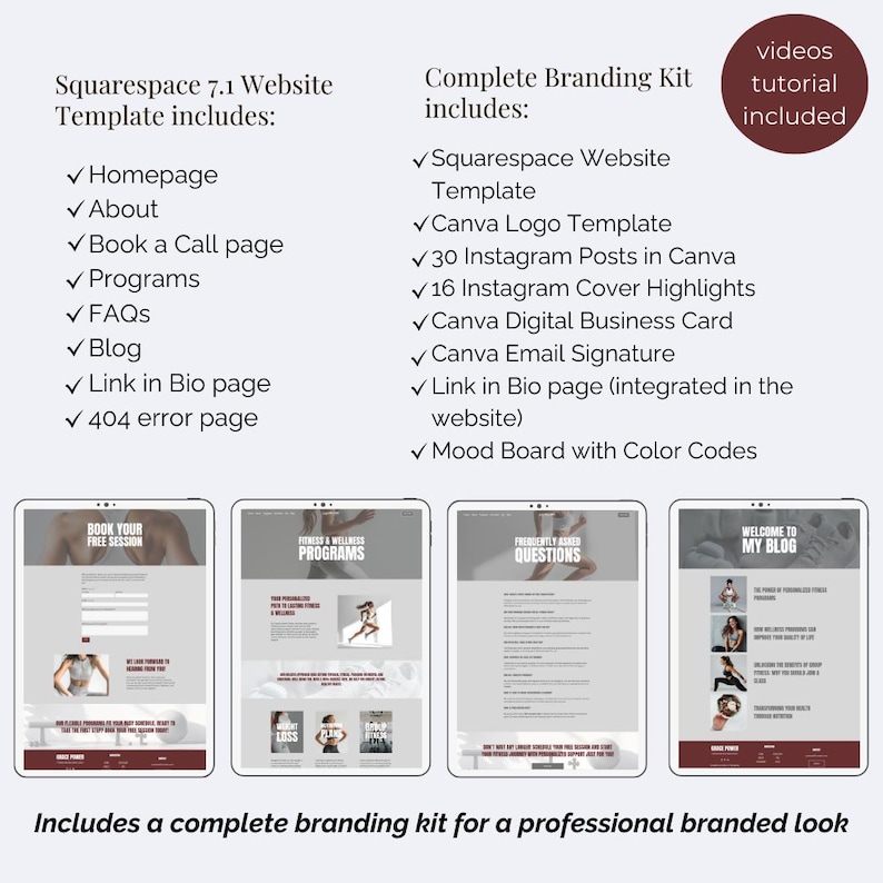 May include: A digital branding kit and Squarespace 7.1 website template featuring a list of included pages like homepage, about, and blog. It includes a Canva logo, Instagram posts, highlights, business card, email signature, and a video tutorial.