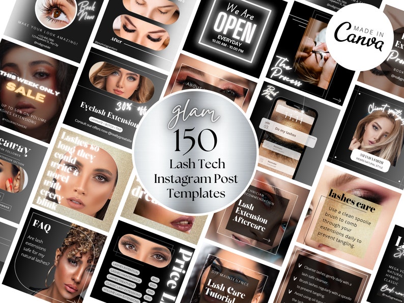 May include: A collage of 150 Instagram post templates for lash technicians. The templates feature images of eyes with eyelash extensions, text about lash care, and pricing information. The templates are designed in a black and gold colour scheme.