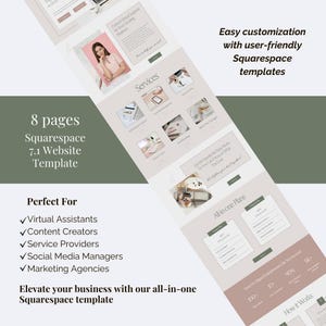 May include: A digital display of an 8-page Squarespace 7.1 website template featuring a neutral color palette of beige, white, and olive green. The layout includes sections for services, all-in-one plans, and business information with text.