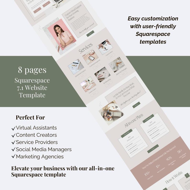 May include: A digital display of an 8-page Squarespace 7.1 website template featuring a neutral color palette of beige, white, and olive green. The layout includes sections for services, all-in-one plans, and business information with text.