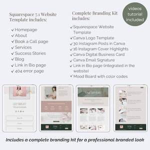 May include: A digital branding kit and Squarespace 7.1 website template featuring a list of included pages like homepage, about, services, and blog, plus Canva templates for logos, Instagram posts, highlights, business cards, and email signatures.