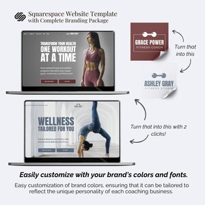 May include: A Squarespace website template with a complete branding package, featuring two laptop screens displaying fitness coaching websites, logo transformation examples, and text stating, "Turn that into this with 2 clicks!" and "Easily customize with your brand's colors and fonts."
