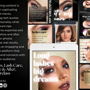 May include: A collage of images promoting lash extensions. The images feature models with long, dramatic lashes and text that reads "Long lashes big dreams", "lashes care", and "Masterclass".
