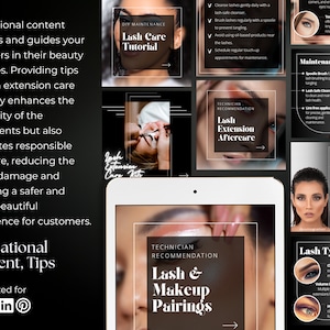 May include: A collage of images promoting lash extensions. The images feature close-ups of eyes with lashes, tools for lash care, and text about lash extension care, types of lashes, and lash and makeup pairings. The text "Lash Care Tutorial", "Lash Extension Aftercare", "Lash & Makeup Pairings", and "3 Types of Lash Materials" is visible in the images.