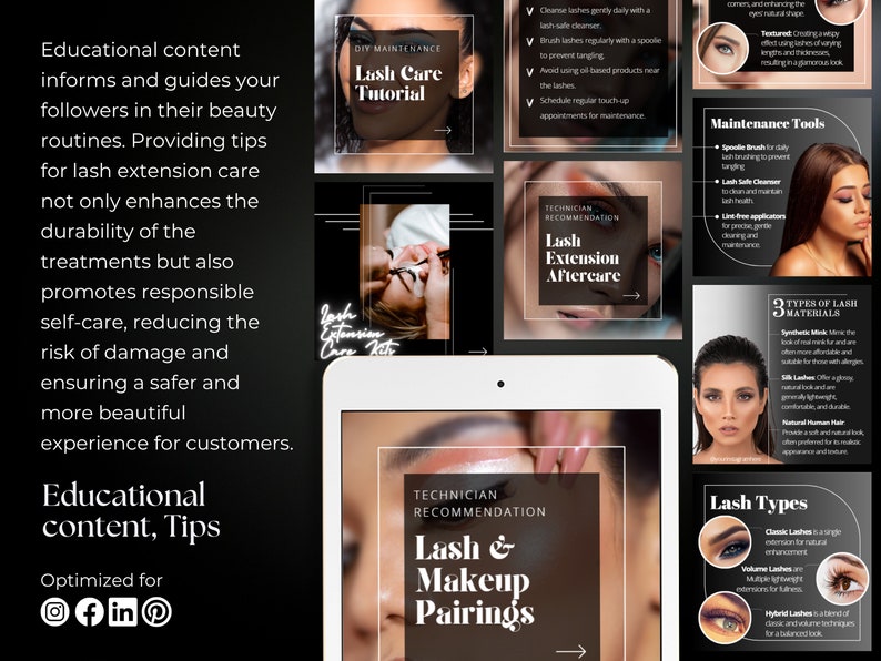 May include: A collage of images promoting lash extensions. The images feature close-ups of eyes with lashes, tools for lash care, and text about lash extension care, types of lashes, and lash and makeup pairings. The text "Lash Care Tutorial", "Lash Extension Aftercare", "Lash & Makeup Pairings", and "3 Types of Lash Materials" is visible in the images.
