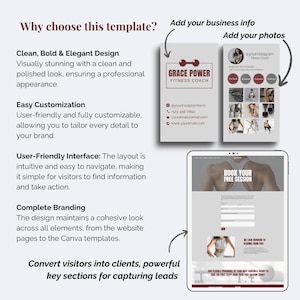 May include: A digital marketing template set for fitness coaches featuring a business card layout with the text Grace Power Fitness Coach and a website landing page mockup with the text Book Your Free Session, Why choose this template, and other labels.