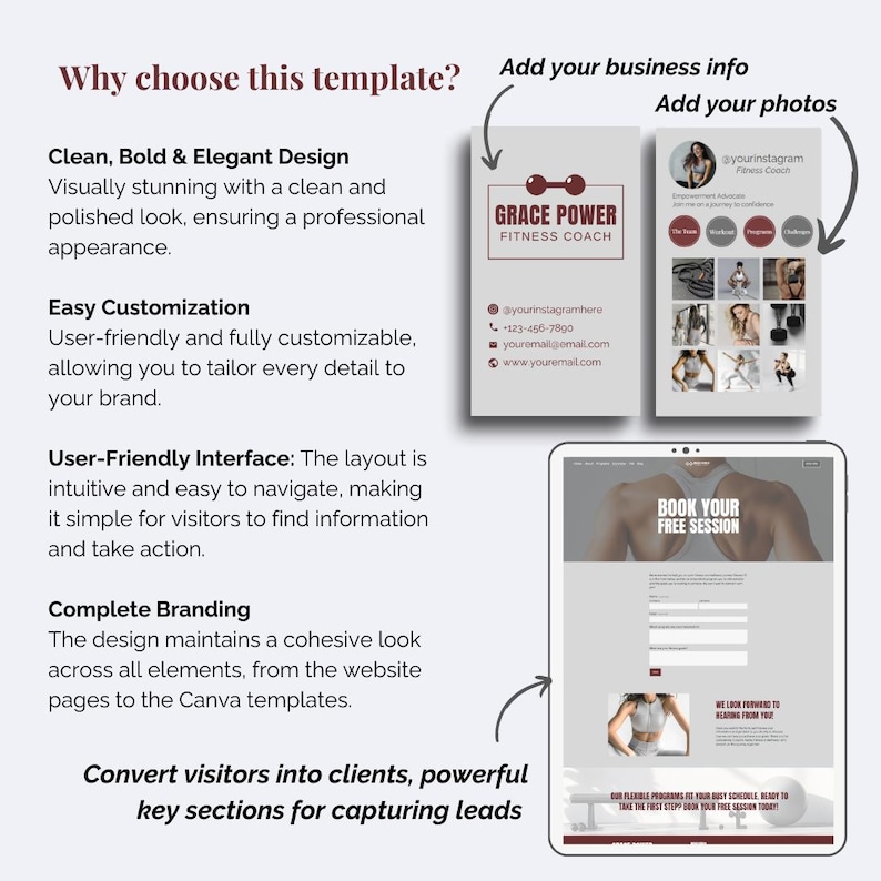 May include: A digital marketing template set for fitness coaches featuring a business card layout with the text Grace Power Fitness Coach and a website landing page mockup with the text Book Your Free Session, Why choose this template, and other labels.