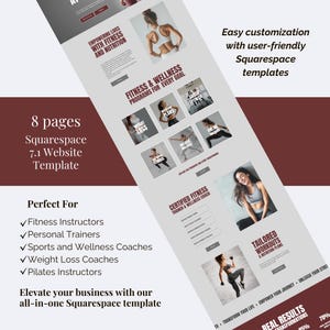 May include: A Squarespace 7.1 website template for fitness and wellness professionals. The layout features dark red and white text, multiple sections for fitness programs, nutrition plans, and coaching services, alongside various photographs of individuals exercising.