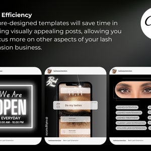 May include: Three Instagram post templates for a lash extension business. The first post is black with a white neon sign that says "We Are Open Everyday 10:00 AM - 10:00 PM". The second post is black with a white "Book Now" sign and a phone screen that says "Do my lashes". The third post is black with a close-up of a woman's eyes with lash extensions and a white neon sign that says "Price List" with a list of services and prices.