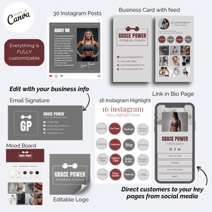 May include: A digital marketing kit for a fitness coach featuring 30 Instagram posts, business cards, an email signature, 16 Instagram highlight covers, a mood board, an editable logo, and a link-in-bio page template with dark red and gray accents.
