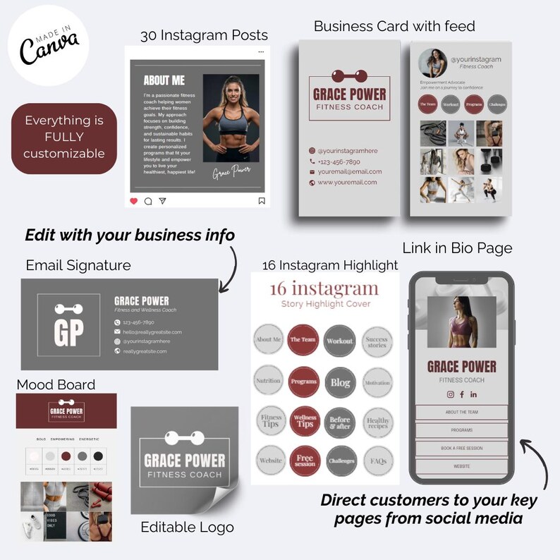 May include: A digital marketing kit for a fitness coach featuring 30 Instagram posts, business cards, an email signature, 16 Instagram highlight covers, a mood board, an editable logo, and a link-in-bio page template with dark red and gray accents.