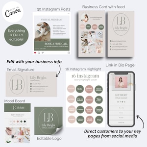 May include: A digital branding kit for a virtual assistant featuring templates for Instagram posts, business cards, email signatures, highlight covers, and a link-in-bio page. The design uses a muted color palette of sage green, beige, and soft pink.
