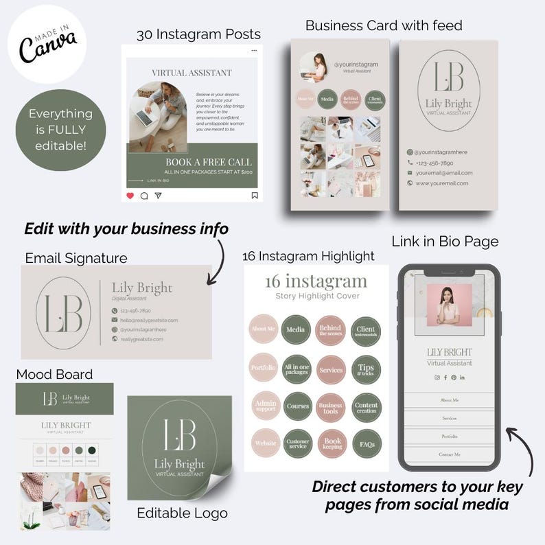 May include: A digital branding kit for a virtual assistant featuring templates for Instagram posts, business cards, email signatures, highlight covers, and a link-in-bio page. The design uses a muted color palette of sage green, beige, and soft pink.