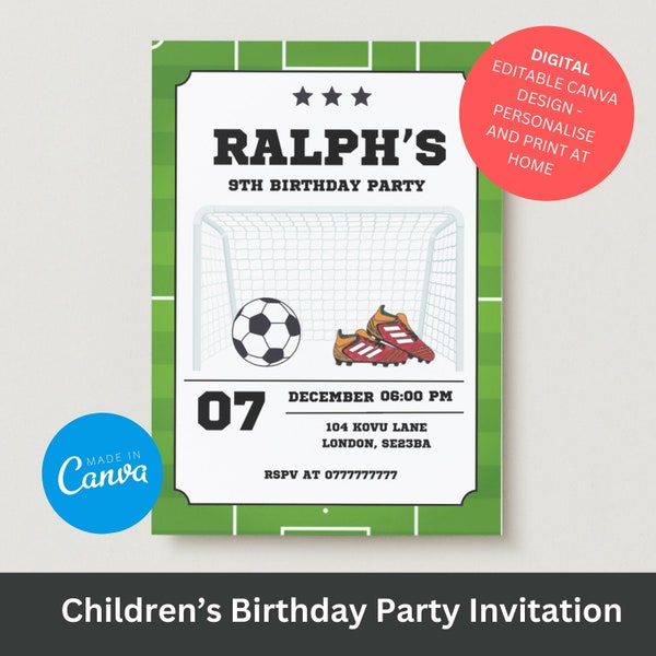 Editable Football/Soccer Party Invitation, Children Electronic Invite Template, Digital Football Birthday Sports. Birthday Kids Boy/Girl