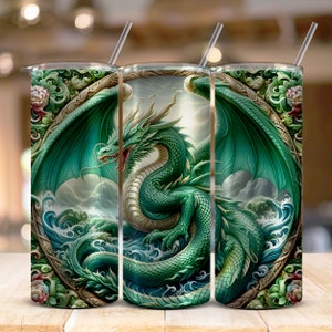 Peut inclure: Un dragon vert aux ailes déployées, émergeant d'une mer tourbillonnante, entouré d'un cadre doré avec des détails floraux. Le dragon est représenté dans un style réaliste avec des écailles complexes et une expression féroce. Ce motif est imprimé sur un gobelet en acier inoxydable.