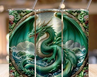 Green Dragon 20 oz Skinny Tumbler Sublimation Design, 3D Straight Tapered Tumbler Wrap, Instant PNG Digital Download, Year of Dragon 2024