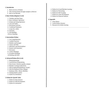 May include: A black and white document outlining the different levels of learning Python programming. The document is divided into five sections: Introduction, Basic Python, Intermediate Python, Advanced Python, and Python for Specific Tasks. Each section lists the key topics covered in that level.
