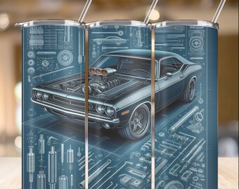 Muscle Car Tumbler Wrap, blueprint design 20oz Skinny Tumbler Sublimation Design, Straight Tapered Tumbler Wrap, Instant  Digital Download