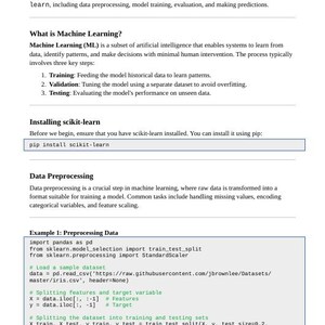 May include: A code snippet demonstrating how to preprocess data using the scikit-learn library in Python. The code includes steps for loading a sample dataset, splitting the data into training and testing sets, and scaling features.