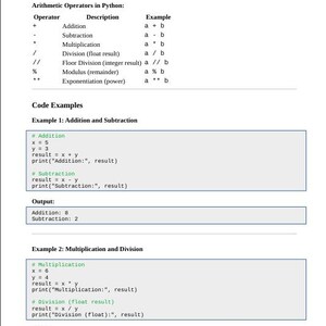 May include: A code example demonstrating how to perform basic arithmetic operations in Python, including addition, subtraction, multiplication, and division. The code includes comments explaining each operation and the output of the code is displayed below.