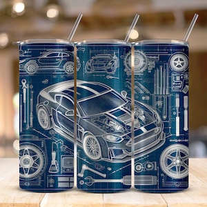 Sport Car blueprint tumbler design 20oz Skinny Tumbler Sublimation Design, Straight Tapered Tumbler Wrap, Instant PNG Digital Download